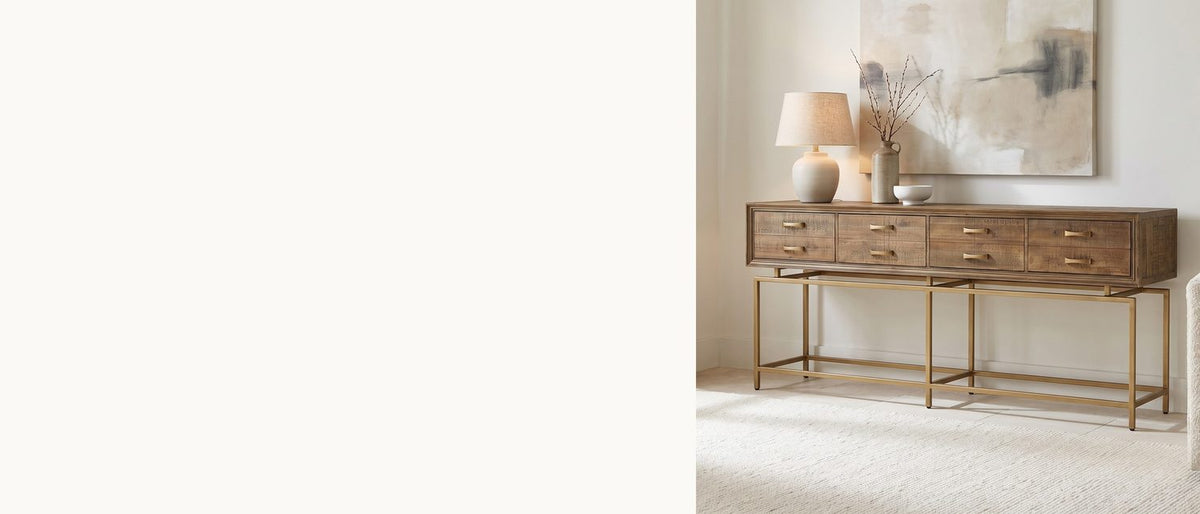 Eight pulls on a floating case. - Gasperina Reclaimed Fir Four-Drawer Console Table