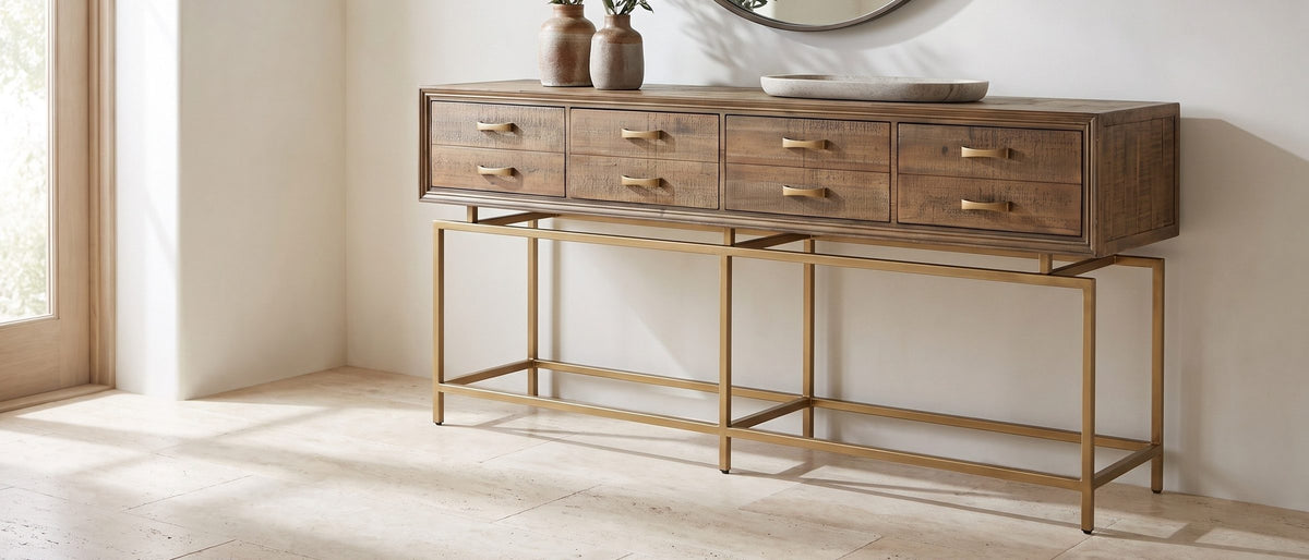 Gasperina Reclaimed Fir Four-Drawer Console Table in the room
