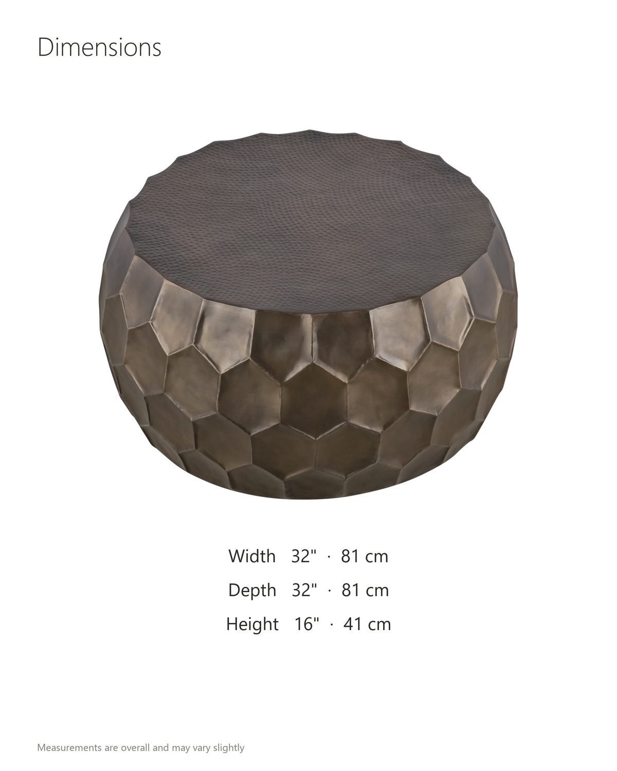 Gavi 32-Inch Round Antique Bronze Faceted Aluminum Drum Coffee Table dimensions: 32 in wide, 32 in deep, 16 in high