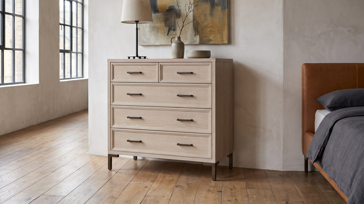 Light oak, dark metal. - Gemona 41-Inch Cerused Oak 5-Drawer Chest