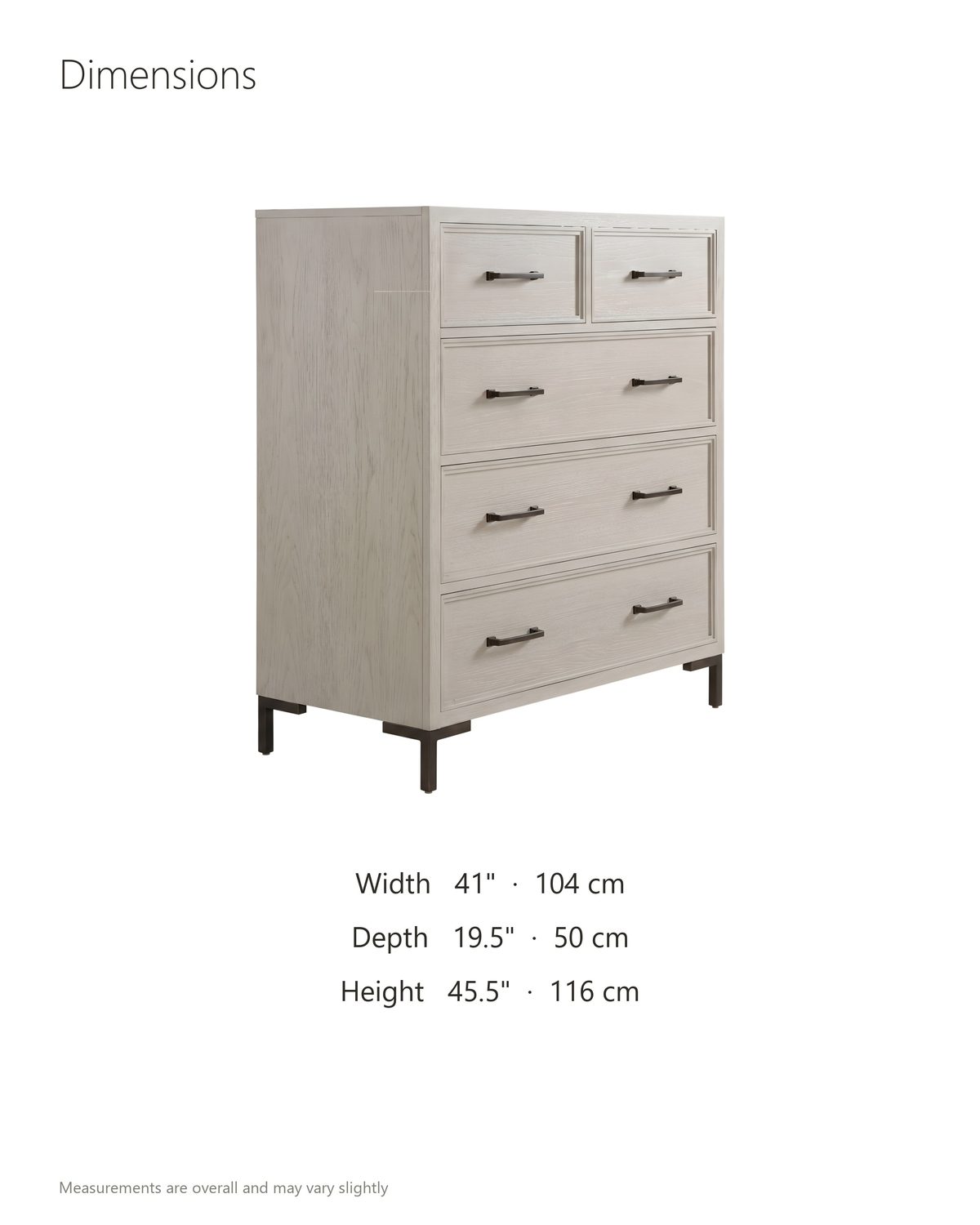 Gemona 41-Inch Cerused Oak 5-Drawer Chest dimensions: 41 in wide, 19.5 in deep, 45.5 in high
