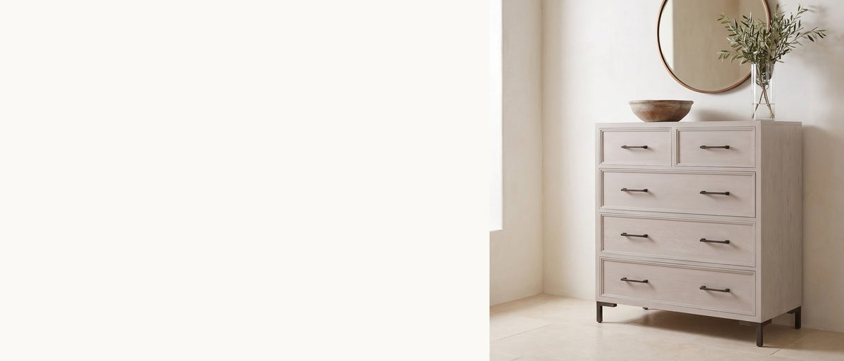 Cerused oak, trimmed in bronze. - Gemona 41-Inch Cerused Oak 5-Drawer Chest