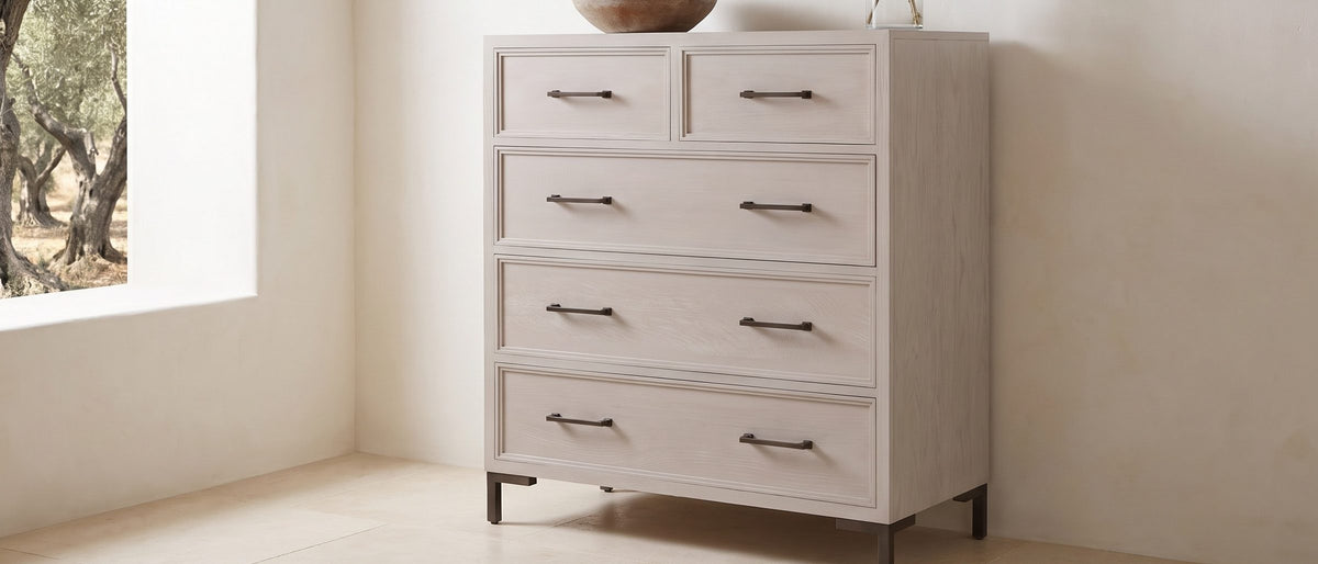 Gemona 41-Inch Cerused Oak 5-Drawer Chest in the room