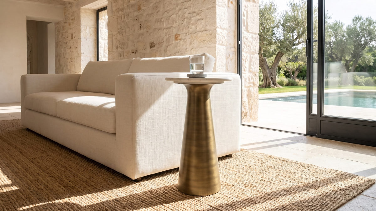 Stone and warm metal. - Genazzano White Marble Tapered Pedestal Side Table