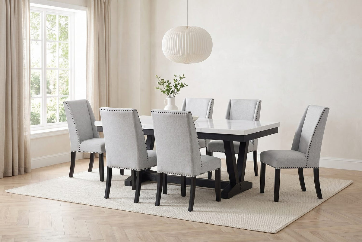 White stone, black grain. - Gerace 72-Inch White Marble V-Trestle Dining Set with 6 Chairs