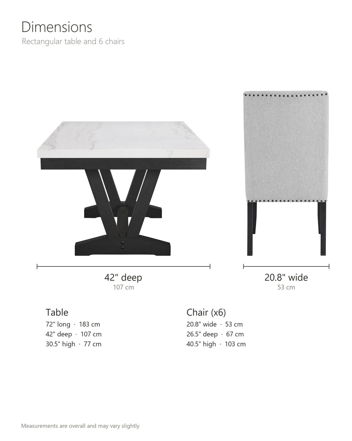Gerace 72-Inch White Marble V-Trestle Dining Set with 6 Chairs dimensions: table 72 in long, 42 in deep and 30.5 in high; each chair 20.8 in wide, 26.5 in deep and 40.5 in high