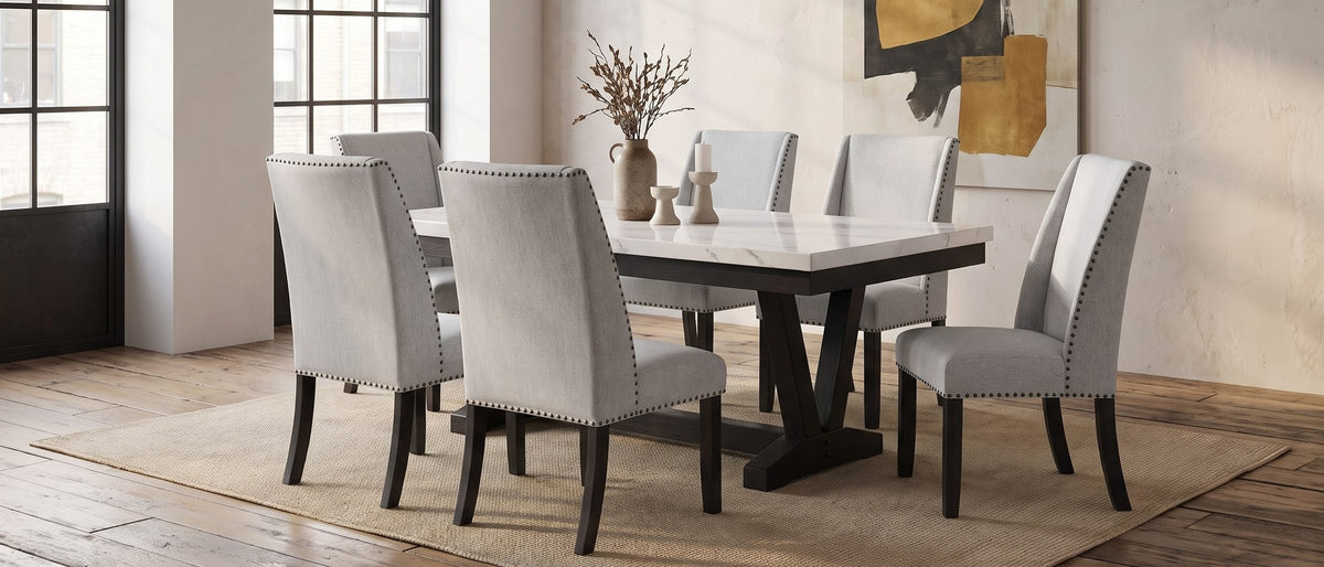 Gerace 72-Inch White Marble V-Trestle Dining Set with 6 Chairs in the room