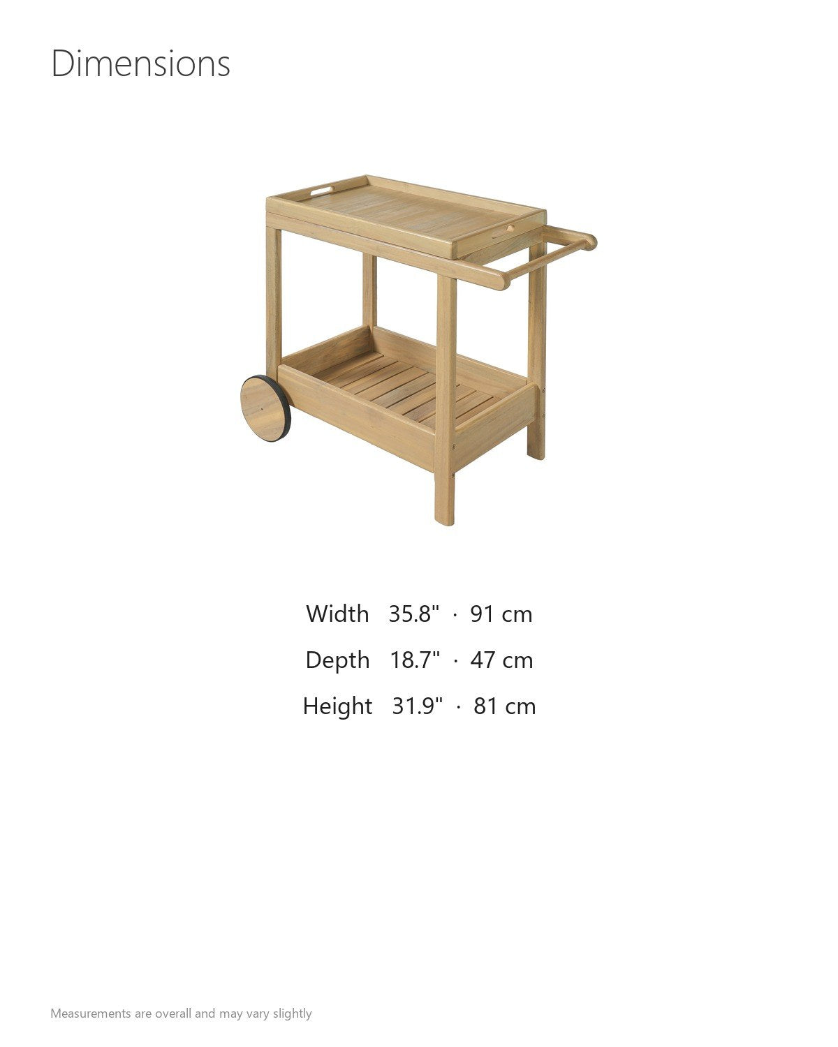 Gerocarne 36-Inch Acacia Wood Outdoor Rolling Bar Cart dimensions
