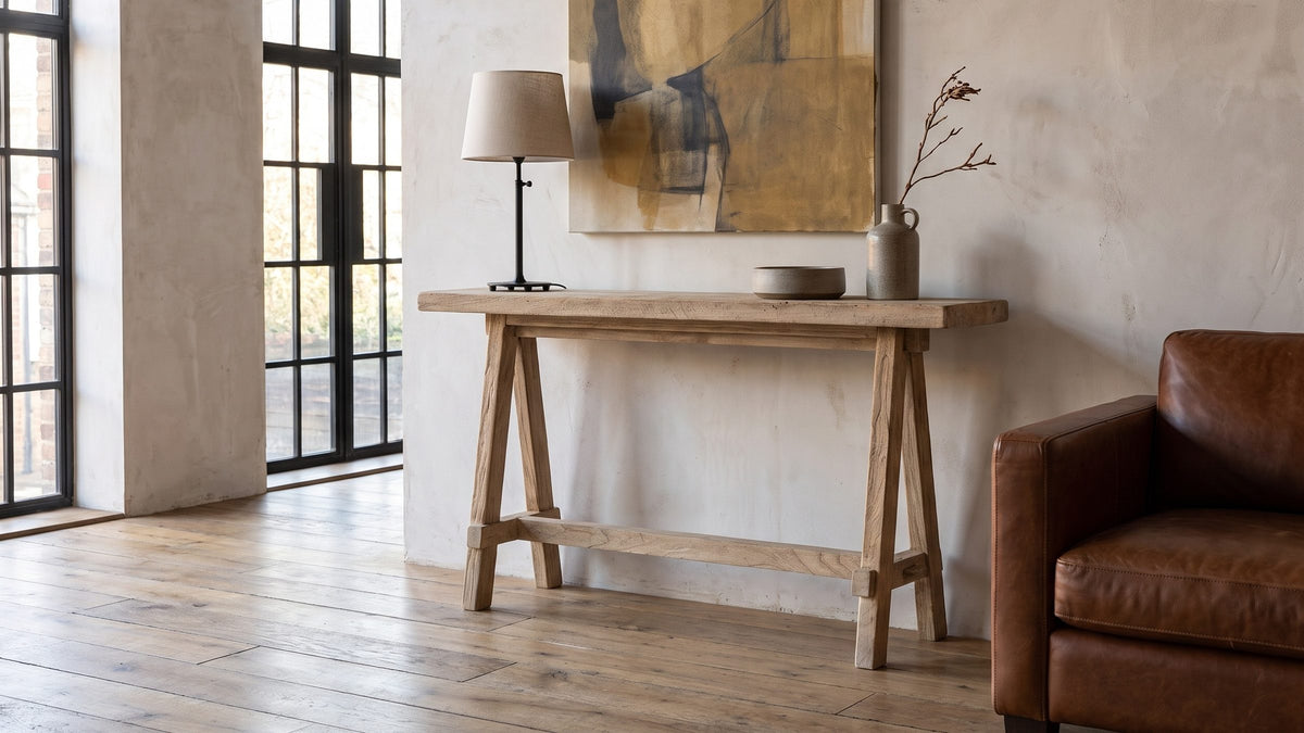 A long line of old elm. - Ginosa Reclaimed Elm Trestle Console Table