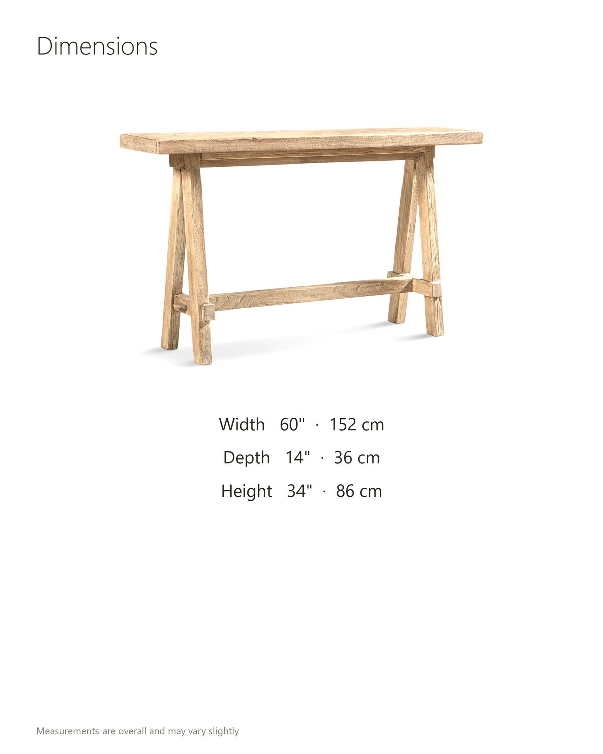 Ginosa Reclaimed Elm Trestle Console Table dimensions: 60 in wide, 14 in deep, 34 in high