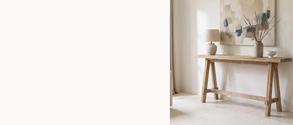 Two sawhorses, one elm plank. - Ginosa Reclaimed Elm Trestle Console Table