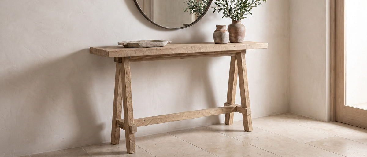 Ginosa Reclaimed Elm Trestle Console Table in the room