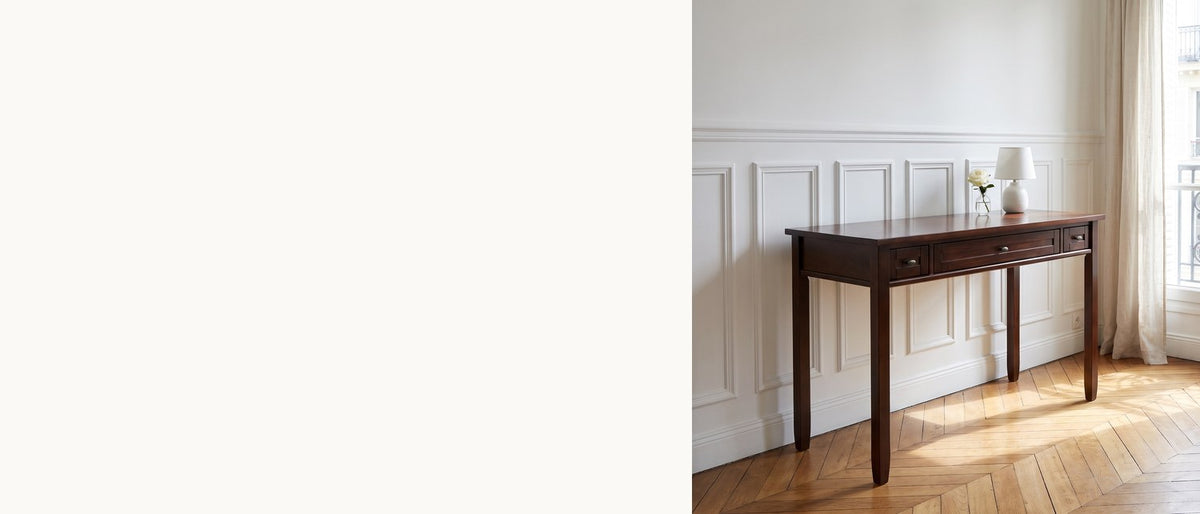 Shaker lines, small footprint. - Gizzeria 48-Inch 2-Drawer Solid Wood Shaker Writing Desk with Keyboard Tray