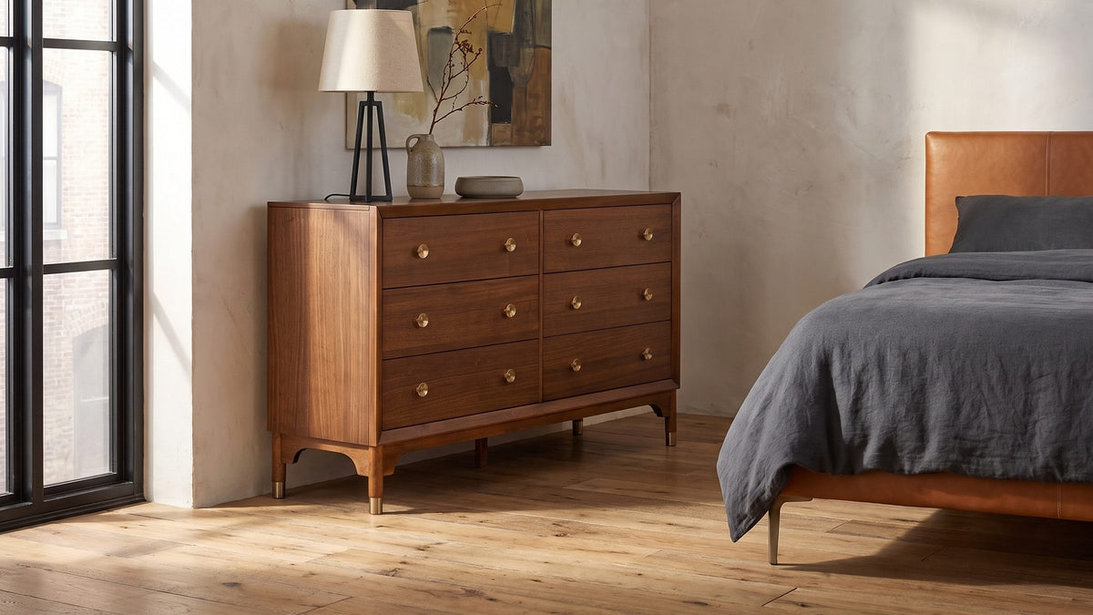 One walnut line, three pieces. - Gorizia 62-Inch Warm Walnut 6-Drawer Dresser