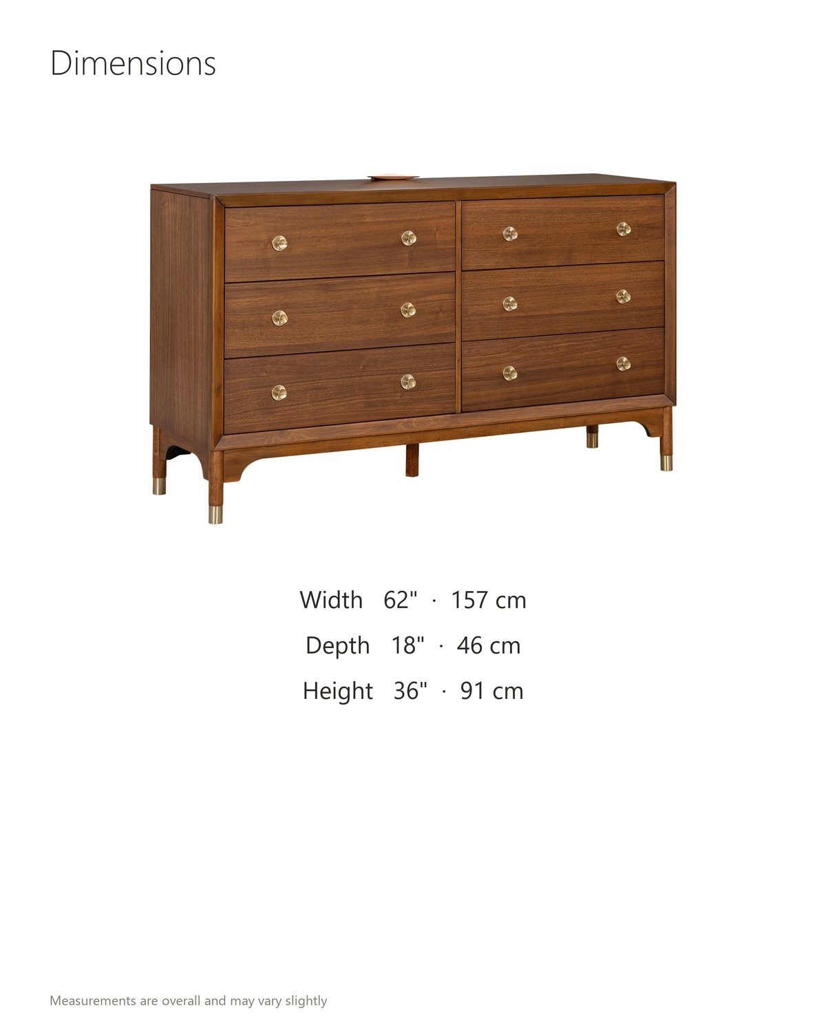 Gorizia 62-Inch Warm Walnut 6-Drawer Dresser dimensions: 62 in wide, 18 in deep, 36 in high
