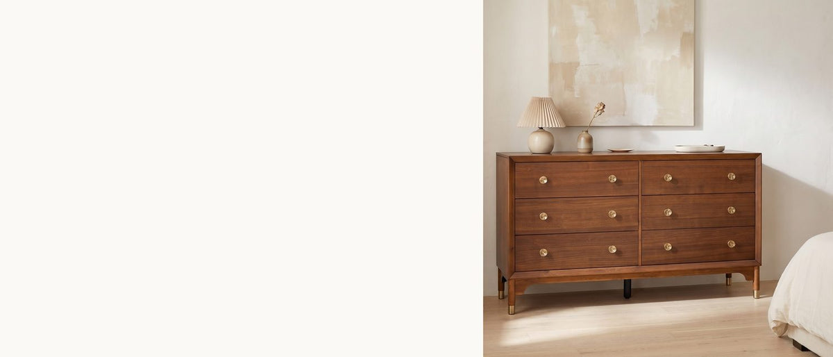 Warm walnut, sunburst brass. - Gorizia 62-Inch Warm Walnut 6-Drawer Dresser