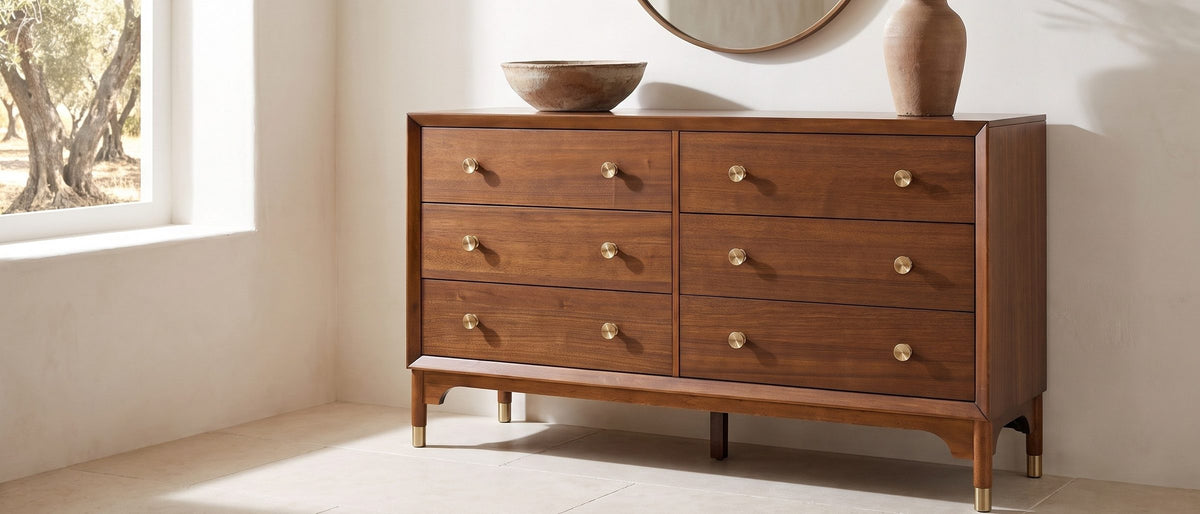 Gorizia 62-Inch Warm Walnut 6-Drawer Dresser in the room