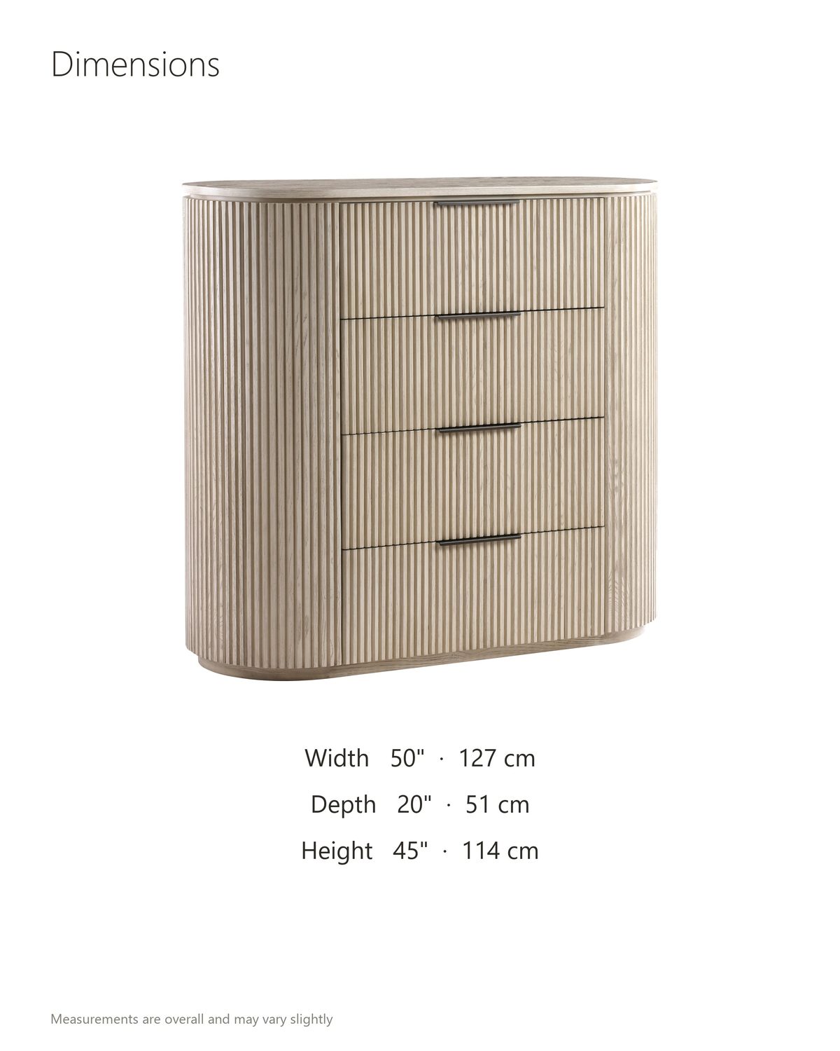 Gradisca 50-Inch Light Oak 4-Drawer Chest dimensions: 50 in wide, 20 in deep, 45 in high