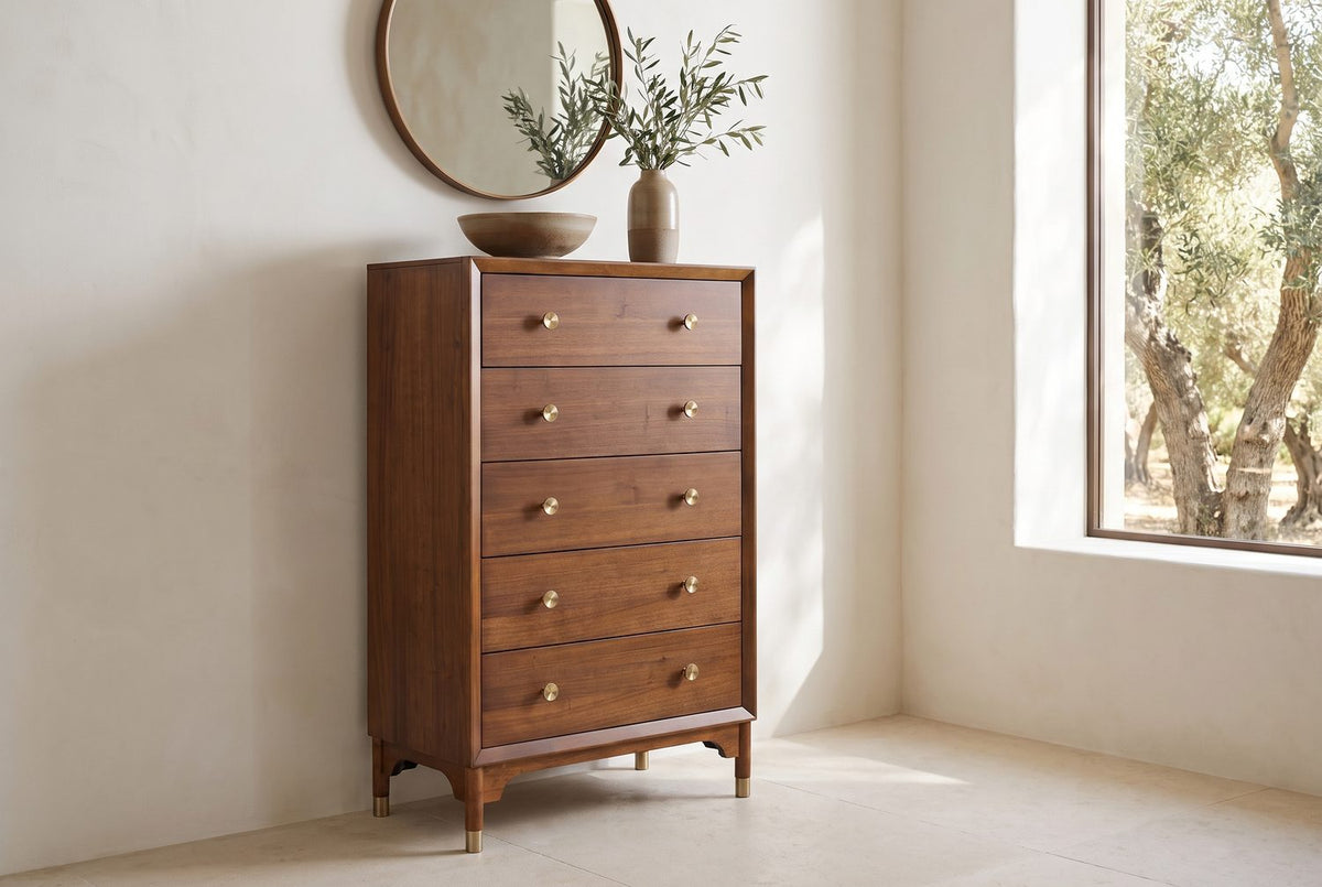 Mid-century walnut, quietly tall. - Grado 34-Inch Warm Walnut 5-Drawer Chest