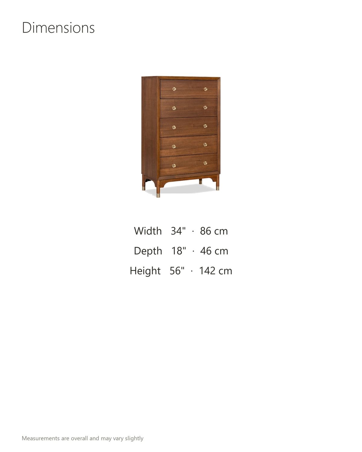 Grado 34-Inch Warm Walnut 5-Drawer Chest dimensions: 34 in wide, 18 in deep, 56 in high