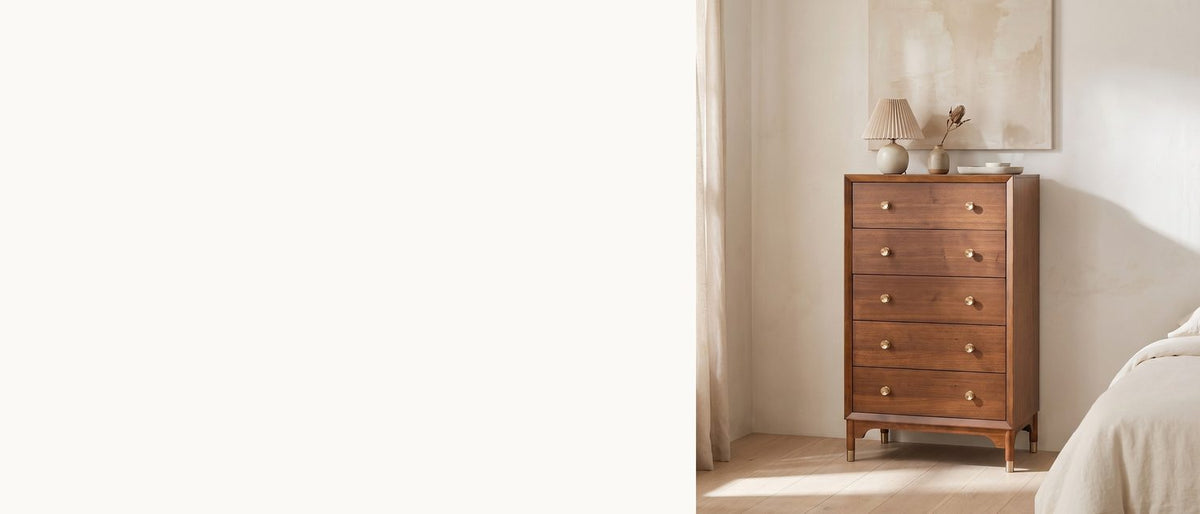 Upright walnut, light on its feet. - Grado 34-Inch Warm Walnut 5-Drawer Chest