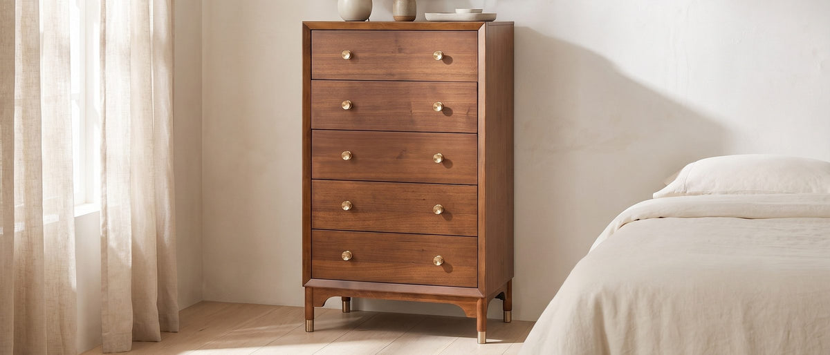 Grado 34-Inch Warm Walnut 5-Drawer Chest in the room