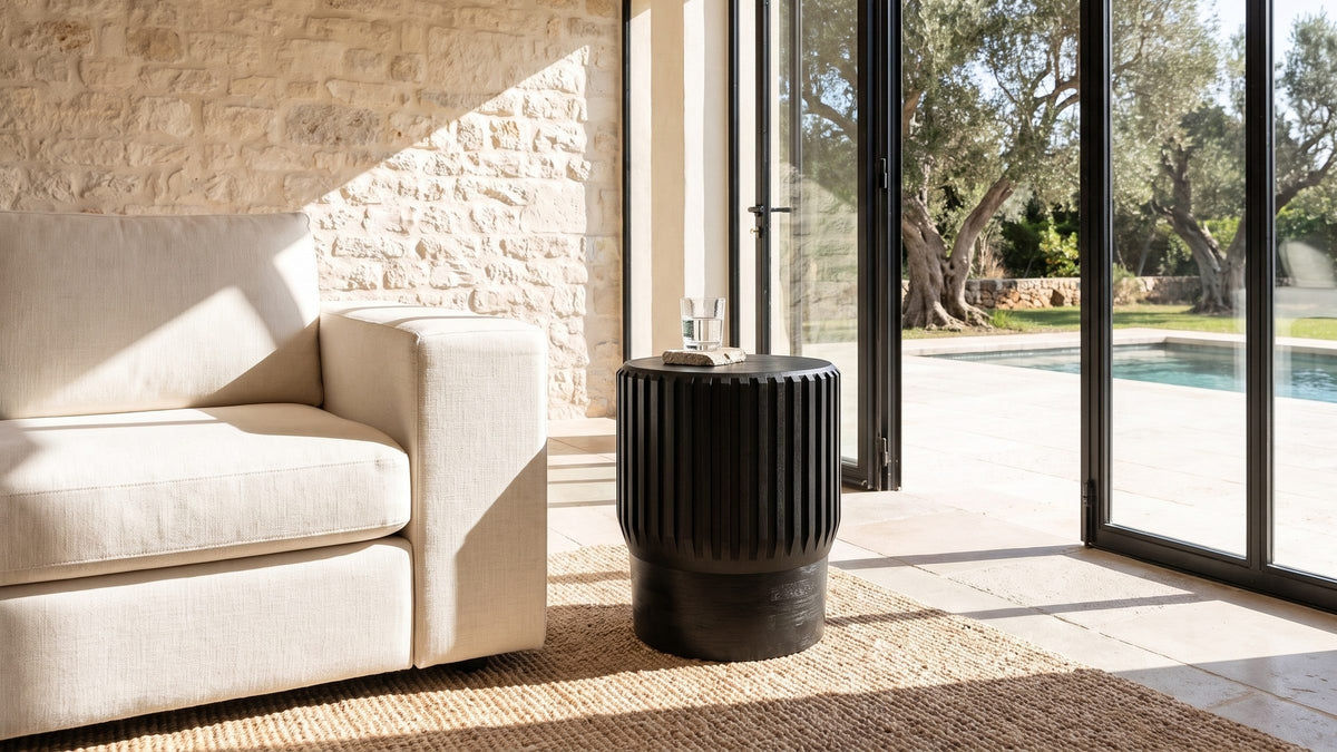 A dark accent, softly textured. - Grottole Black Mango Ribbed Drum Side Table