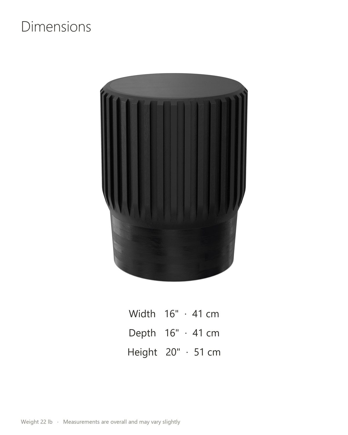 Grottole Black Mango Ribbed Drum Side Table dimensions: 16 in wide, 16 in deep, 20 in high