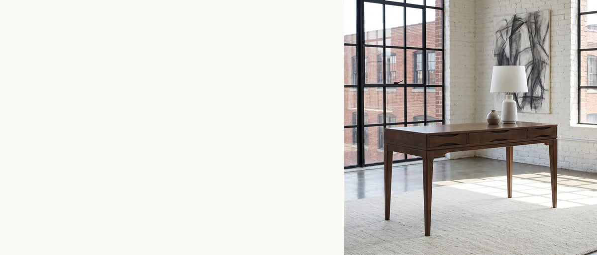 A top that seems to float. - Guardavalle 60-Inch 2-Drawer Solid Wood Mid-Century Writing Desk with Keyboard Tray