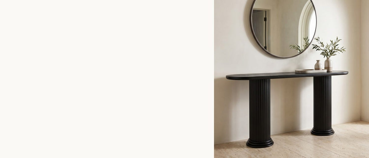 Two black columns, one long top. - Imola Black Wood Veneer Oval Column Console Table
