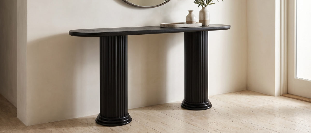 Imola Black Wood Veneer Oval Column Console Table in the room