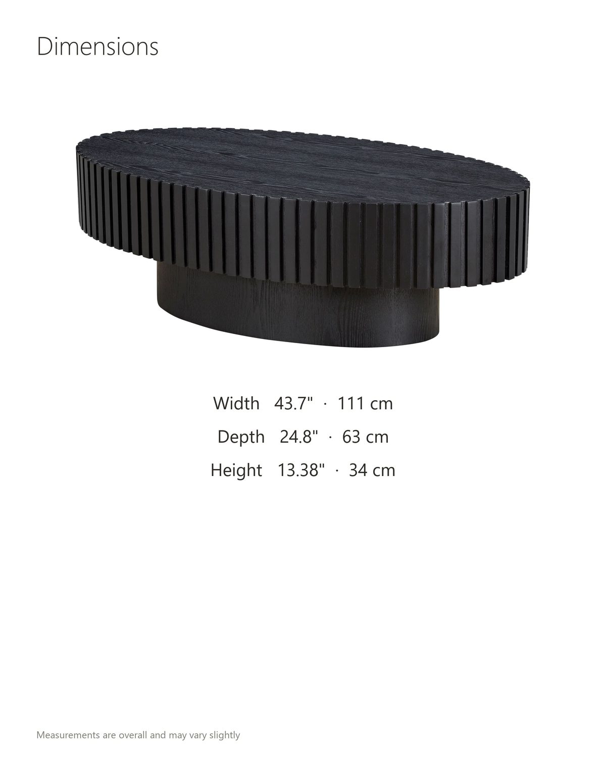 Imola Black Ash Oval Pedestal Coffee Table dimensions: 43.7 in wide, 24.8 in deep, 13.38 in high
