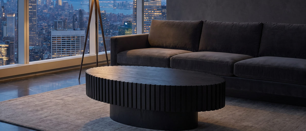 Imola Black Ash Oval Pedestal Coffee Table in the room