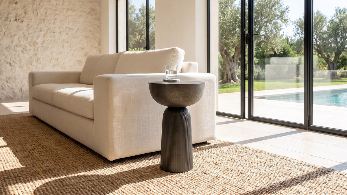 Dark metal, soft light. - Irsina Cast Aluminum Tulip Pedestal Side Table