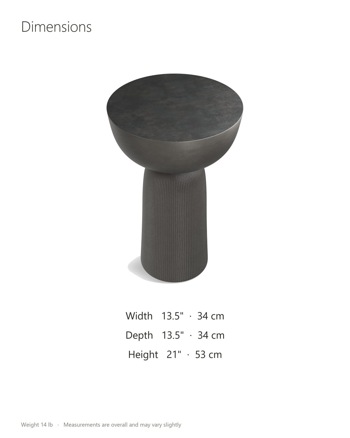 Irsina Cast Aluminum Tulip Pedestal Side Table dimensions: 13.5 in wide, 13.5 in deep, 21 in high