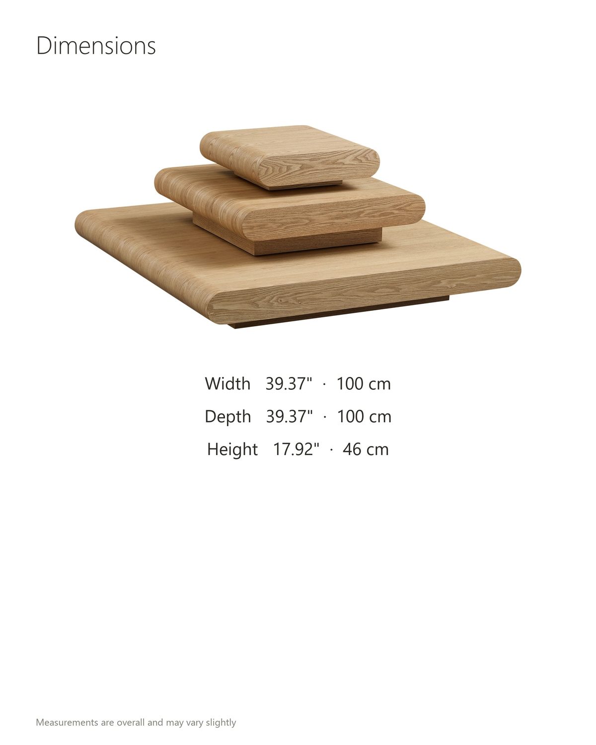 Ischia Natural Wood Veneer Stacking Coffee Table dimensions: 39.37 in wide, 39.37 in deep, 17.92 in high
