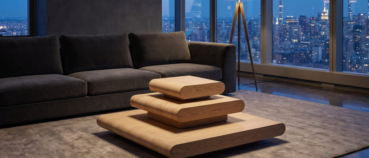 Ischia Natural Wood Veneer Stacking Coffee Table in the room