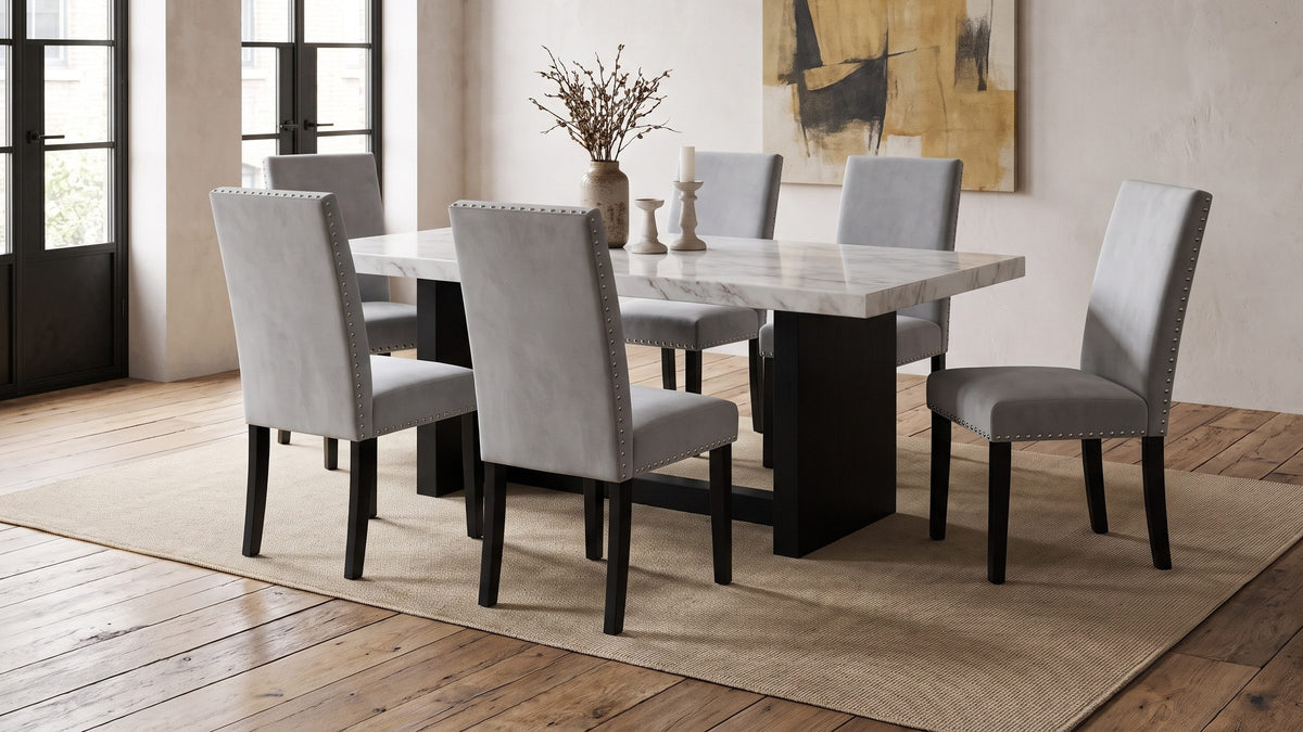 Marble, black and soft grey. - Itri 70-Inch White Marble Double Pedestal Dining Set with 6 Chairs