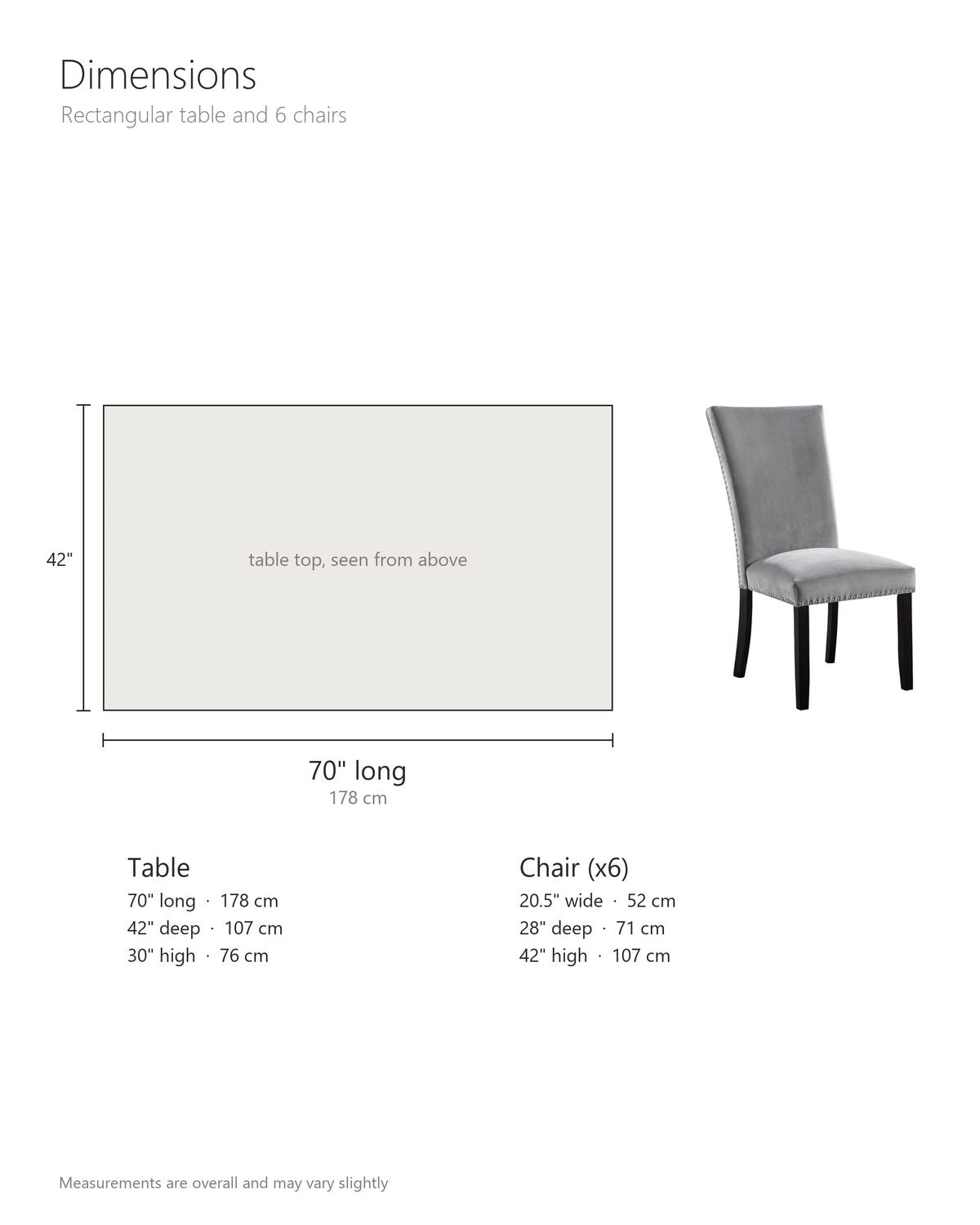 Itri 70-Inch White Marble Double Pedestal Dining Set with 6 Chairs dimensions: table 70 in long, 42 in deep and 30 in high; each chair 20.5 in wide, 28 in deep and 42 in high