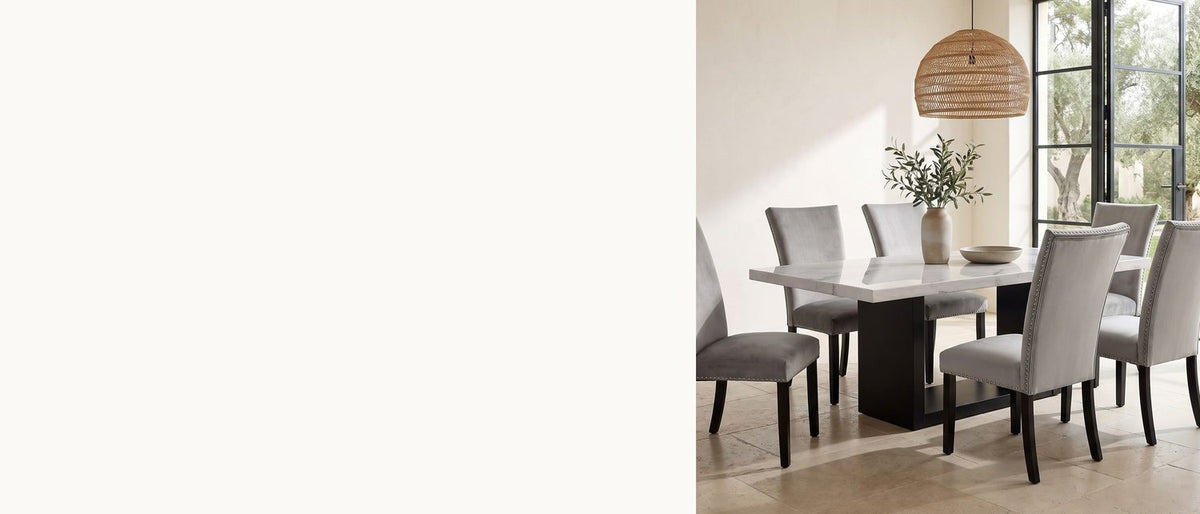 White marble, six grey chairs. - Itri 70-Inch White Marble Double Pedestal Dining Set with 6 Chairs