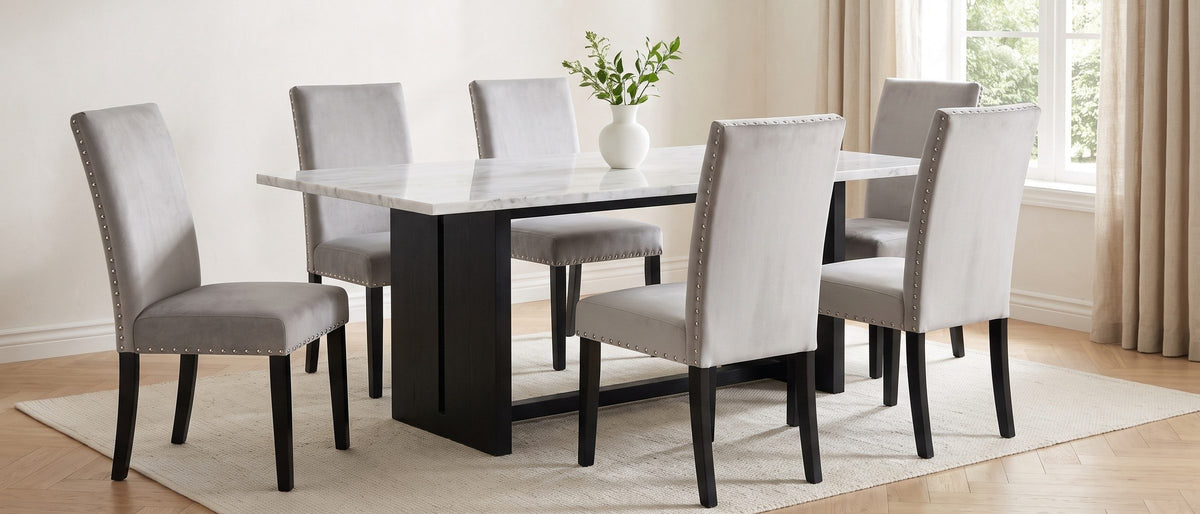 Itri 70-Inch White Marble Double Pedestal Dining Set with 6 Chairs in the room