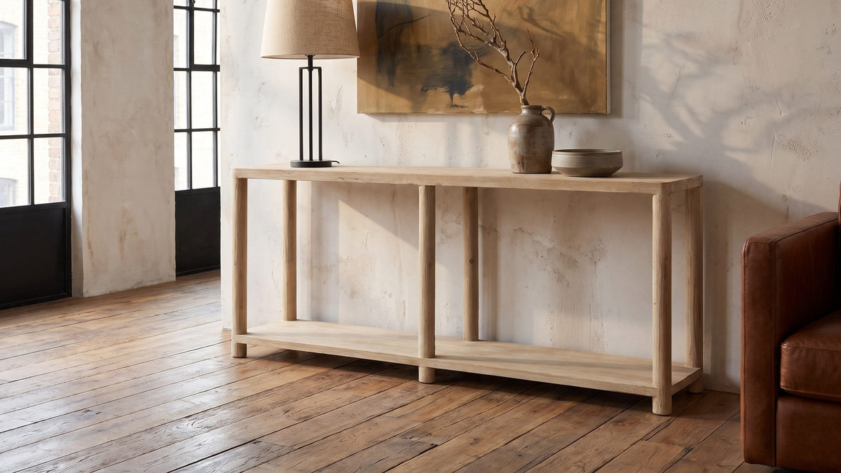 A long line of pale wood. - Ivrea Reclaimed Pine Console Table