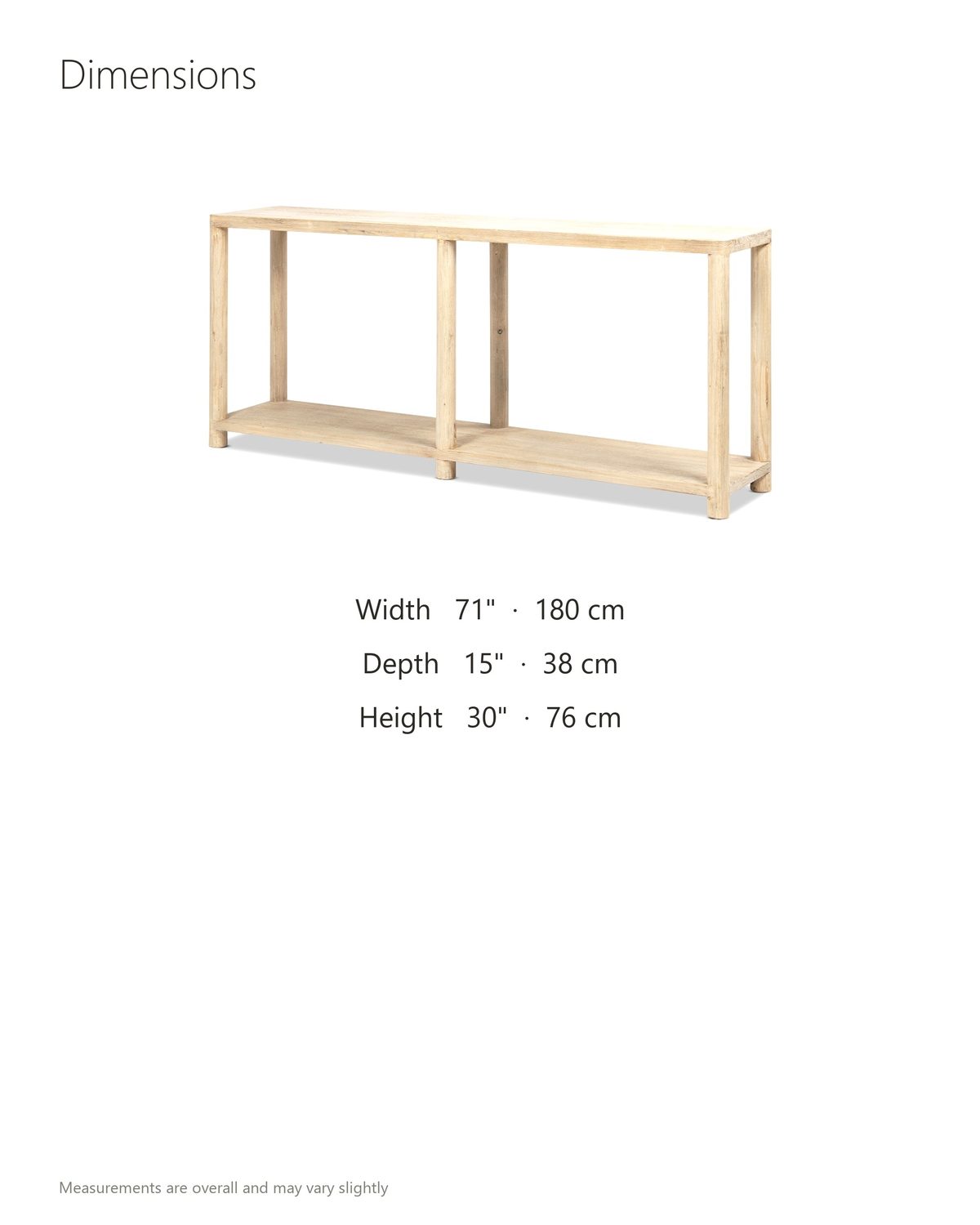Ivrea Reclaimed Pine Console Table dimensions: 71 in wide, 15 in deep, 30 in high