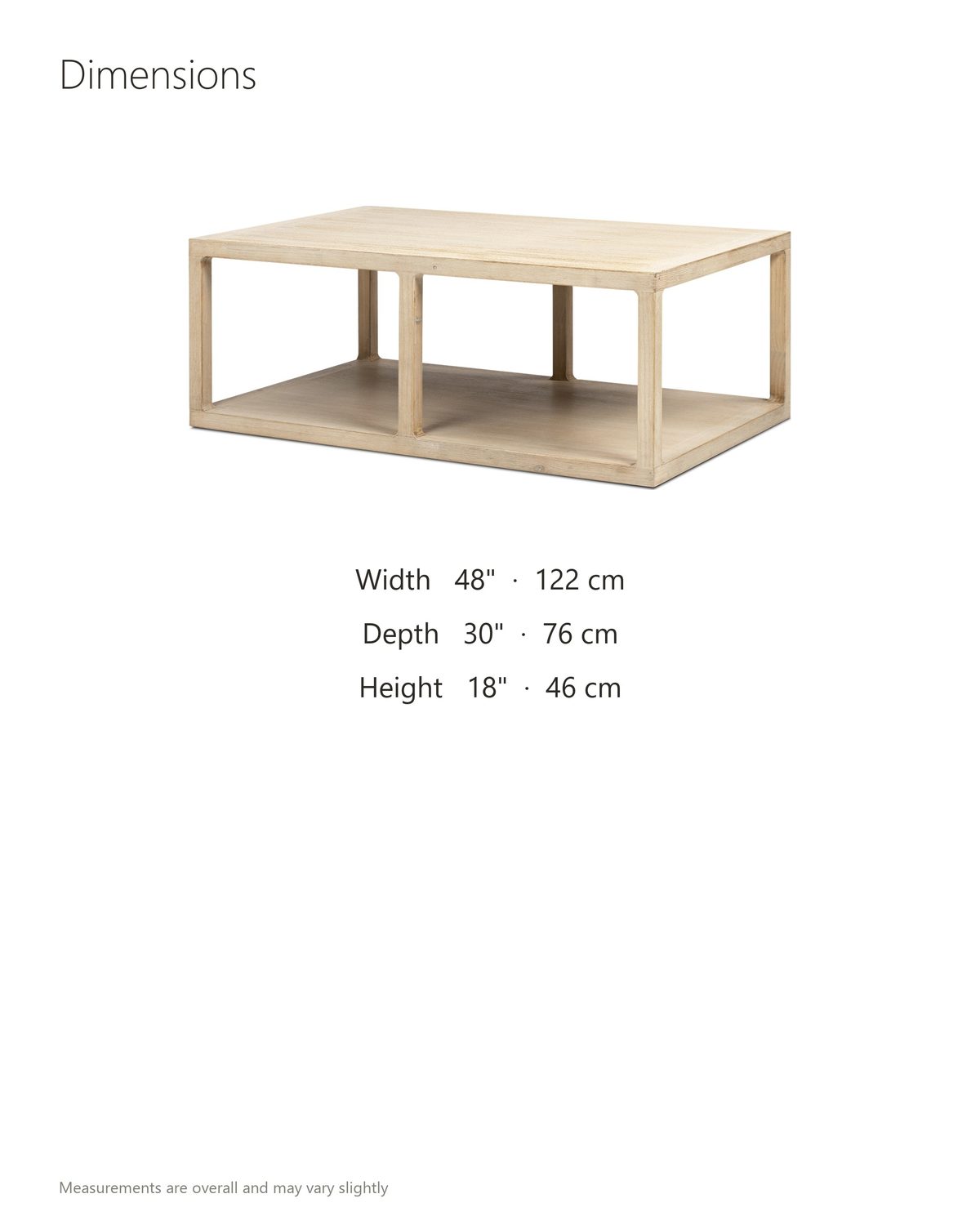 Ivrea Reclaimed Pine Open-Frame Coffee Table dimensions: 48 in wide, 30 in deep, 18 in high