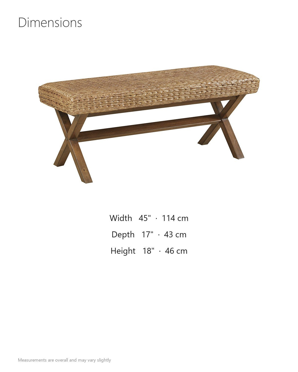 Jacurso 45-Inch Woven Water Hyacinth Bench with X-Base dimensions