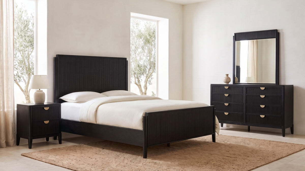 Matte black, pale room. - Jesi Black Fluted Oak Bedroom Set