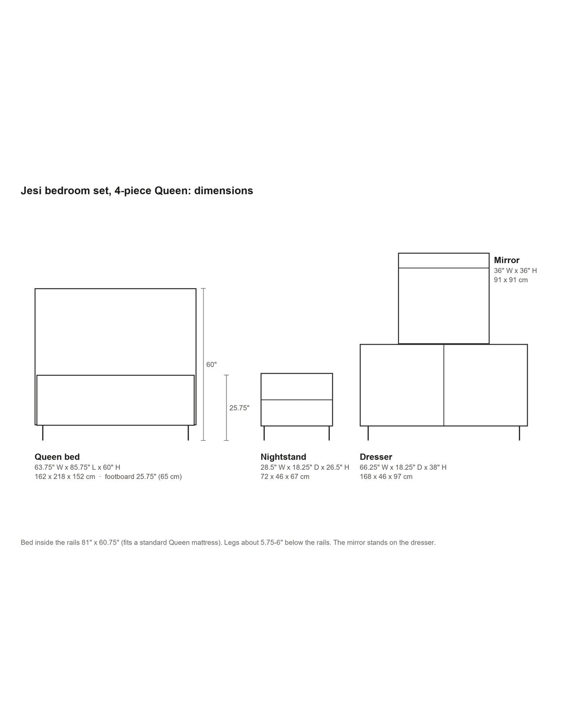 Jesi Black Fluted Oak Bedroom Set dimensions