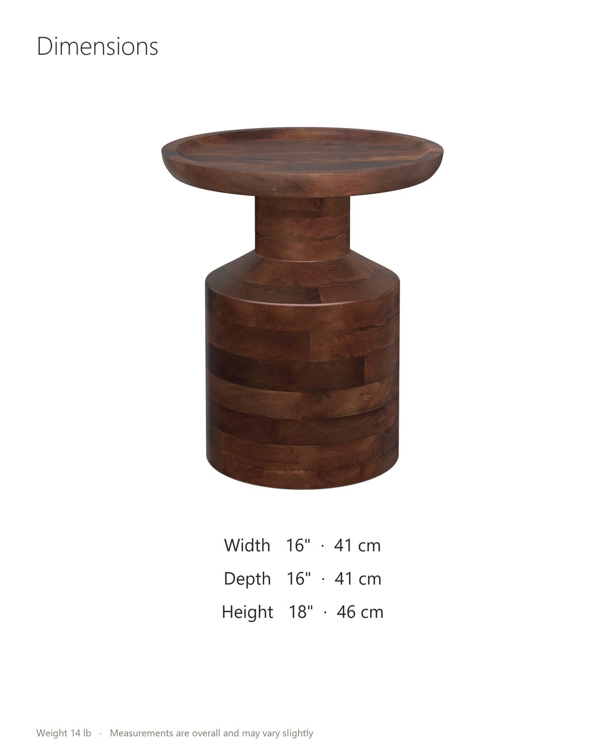 Lagonegro Solid Mango Pedestal Side Table dimensions: 16 in wide, 16 in deep, 18 in high