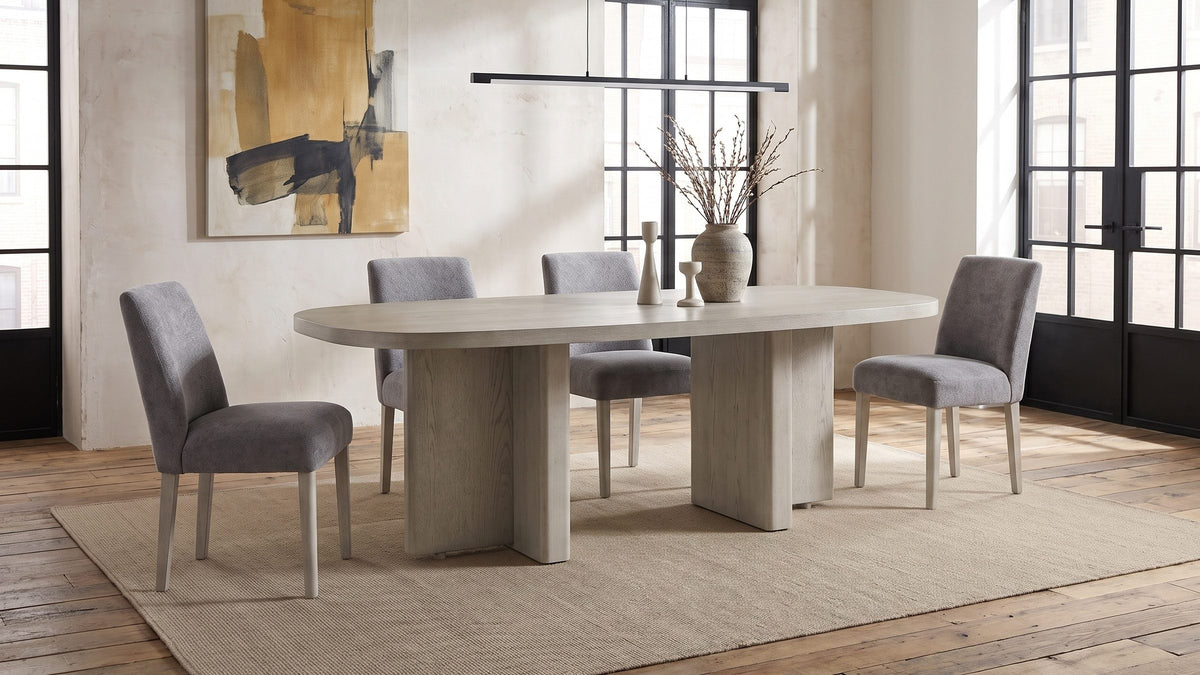 Pale gray oak, soft gray boucle. - Laino 82-Inch Racetrack Oak Double Pedestal Dining Set with 4 Chairs