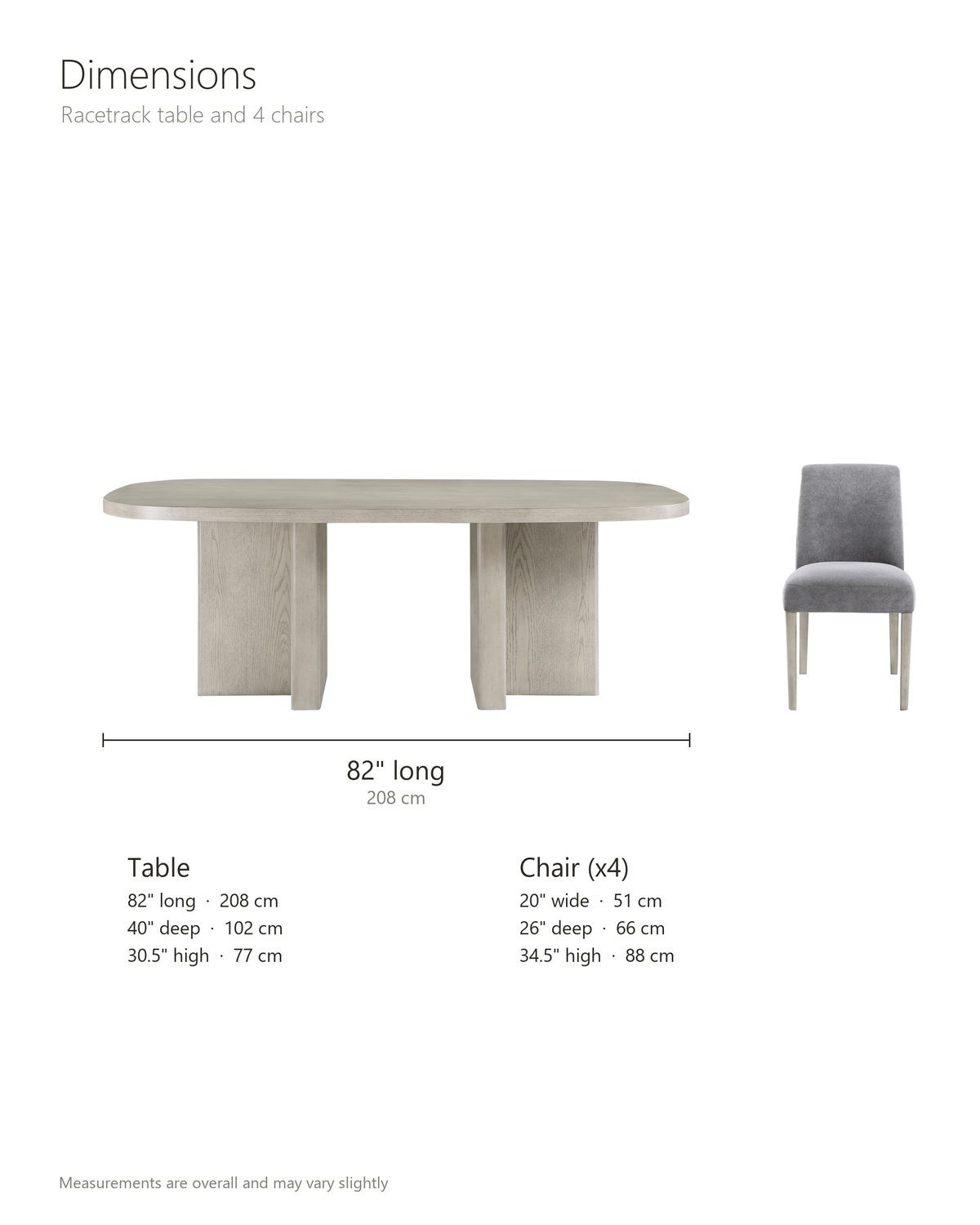 Laino 82-Inch Racetrack Oak Double Pedestal Dining Set with 4 Chairs dimensions: table 82 in long, 40 in deep and 30.5 in high; each chair 20 in wide, 26 in deep and 34.5 in high